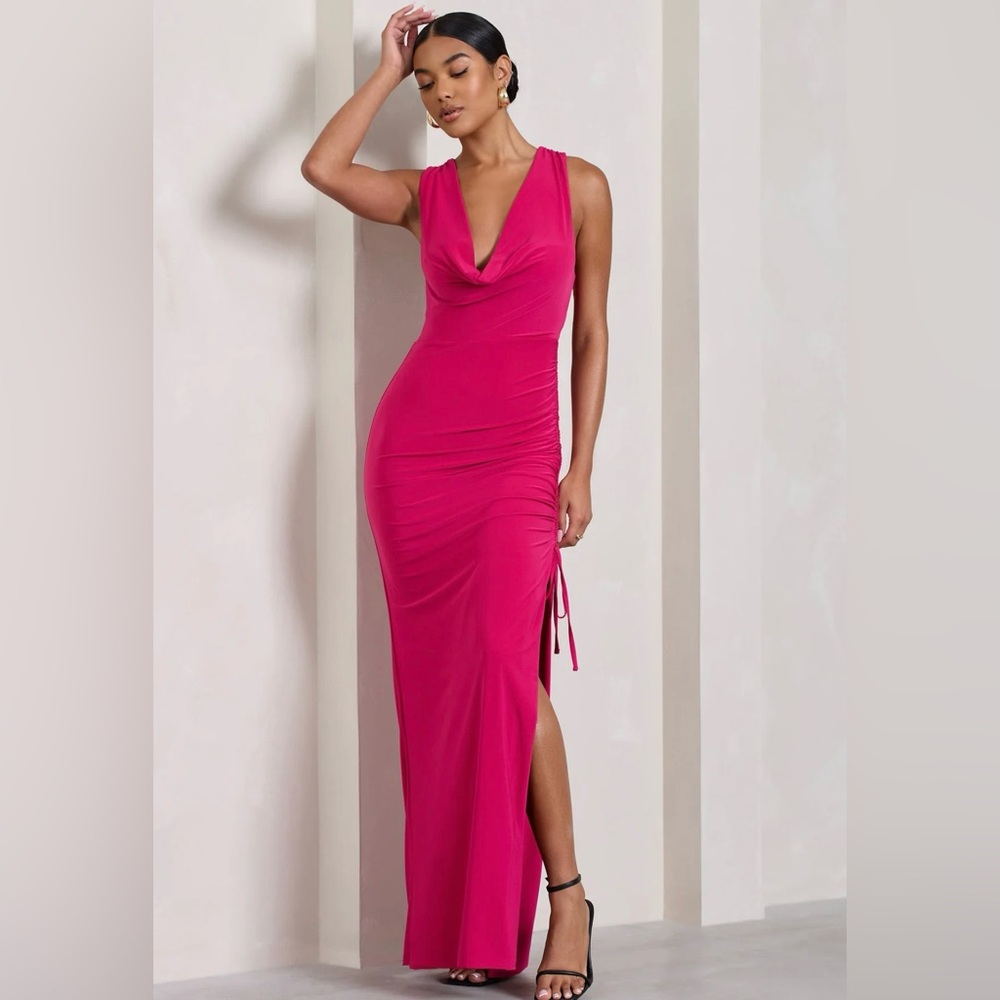 LUMINESCENT
FUCHSIA PINK COWL-NECK SPLIT MAXI DRESS